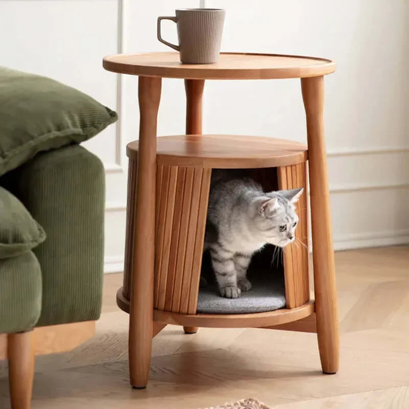 Natural Retreat Mid-Century Modern in cherry wood, three-quarter view of open cat cubby, accessible aesthetic cat furniture.