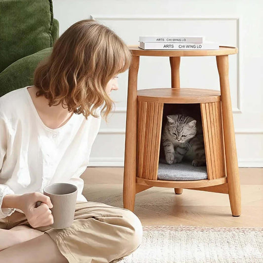 Natural Retreat Mid-Century Modern in cherry wood, front detail shot of cat luxury cubby, a cozy cat cave with modern style.