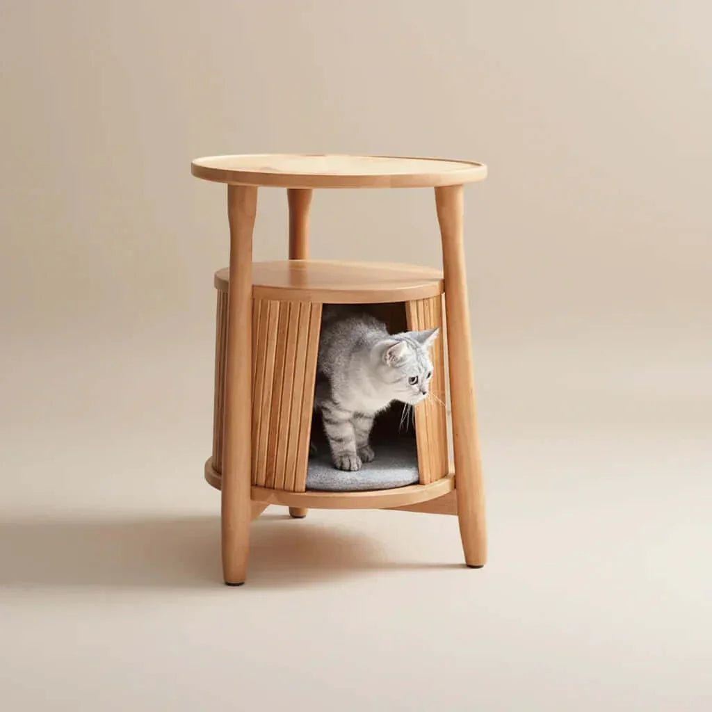 Natural Retreat Mid-Century Modern in cherry wood, back view of cat cave feature, a discreet cat house for indoor cats.