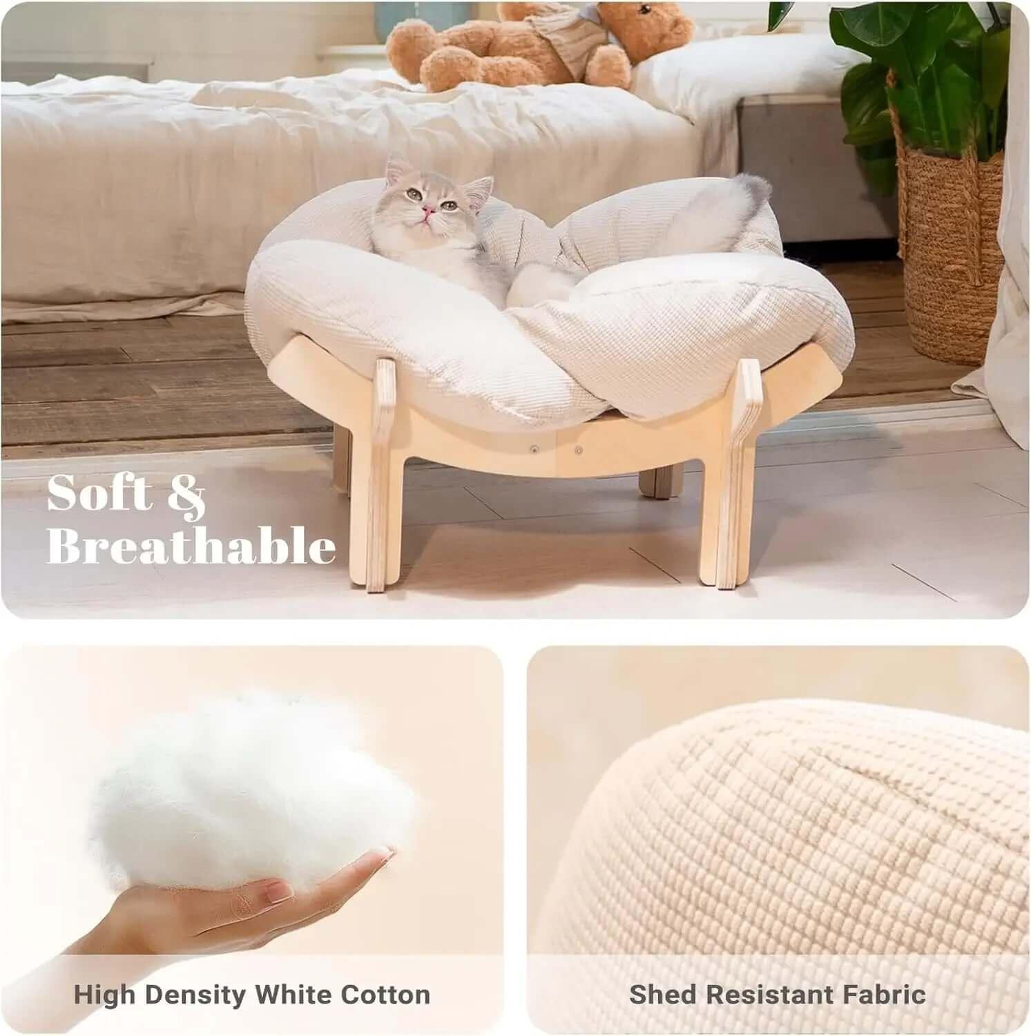 Nimbus cloud cat bed on wood stand in living room — elevated plush cat bed, Japandi home decor