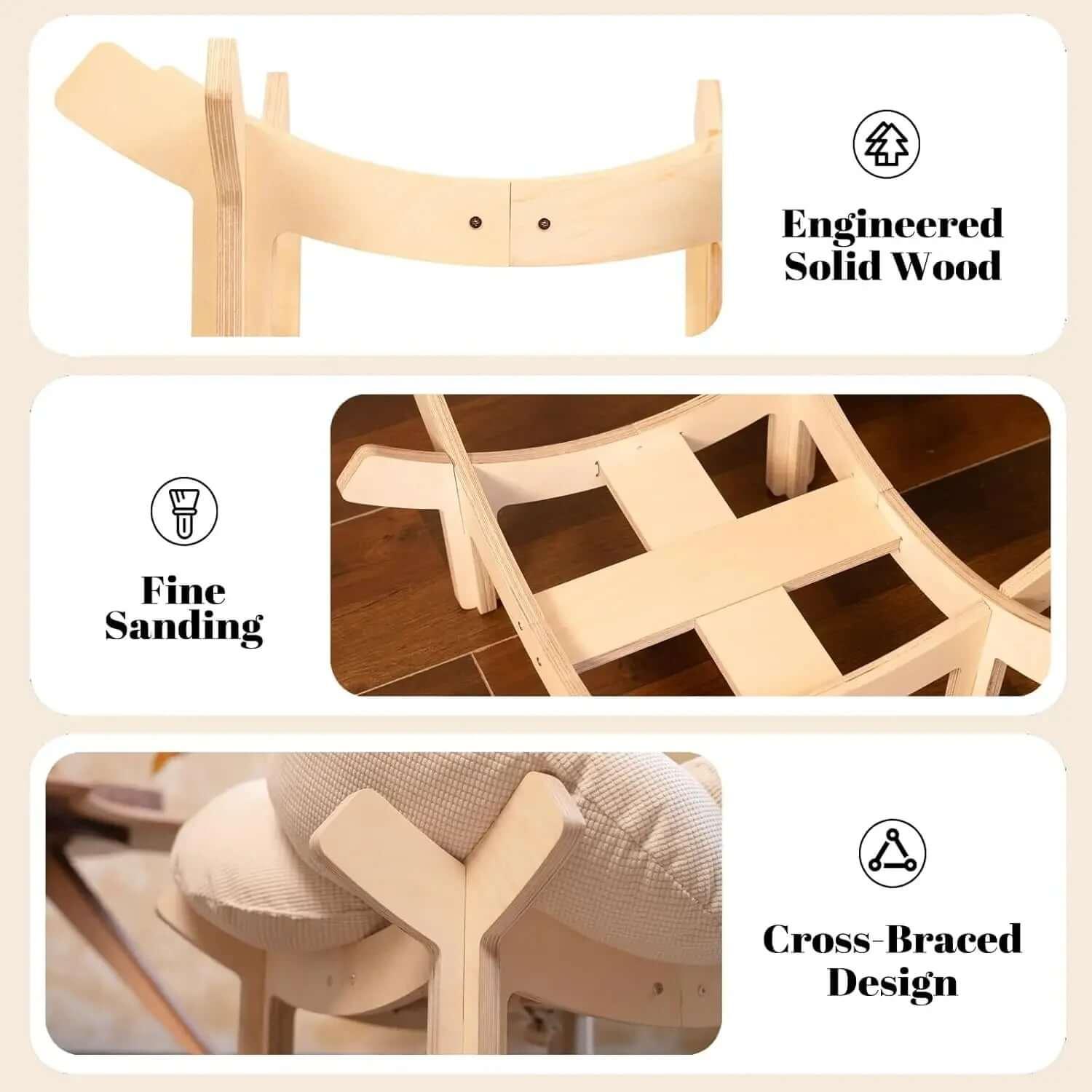 Nimbus wood cat bed stand underside — cross-braced solid wood base, stable elevated cat bed