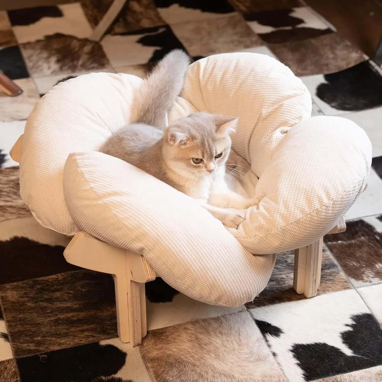 Nimbus cloud cat bed on wood cross-stand — luxury elevated cat bed, Japandi living room furniture