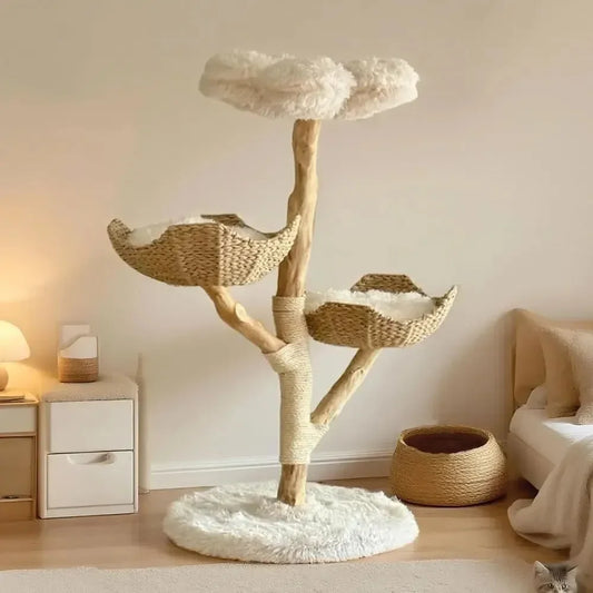 Nimbus Tree Fluffy Cloud Cat Tower in natural wood, front view of cloud-like baskets, a white cat tree with modern design.