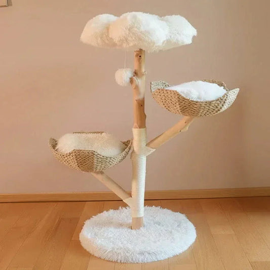 Nimbus Tree Fluffy Cloud Cat Tower in natural wood, side view of floating cloud baskets, a dreamy cute cat tower.