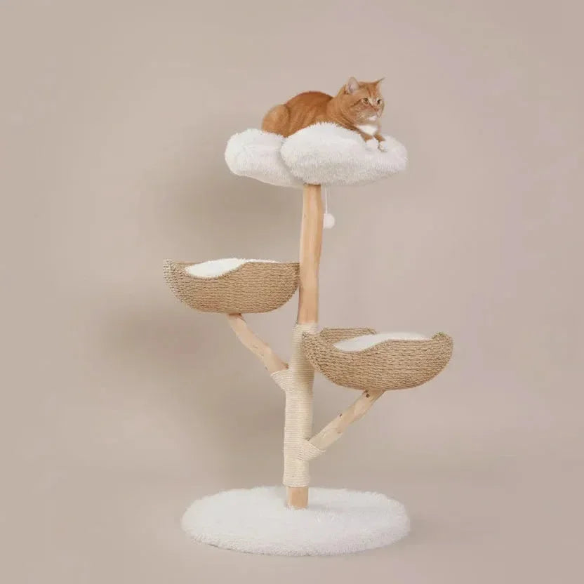 Nimbus Tree Fluffy Cloud Cat Tower in natural wood, product shot three-quarter view of real wood supports, a sturdy cat tree for large cats.