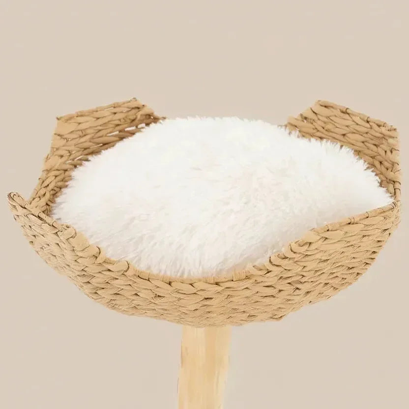 Nimbus Tree Fluffy Cloud Cat Tower in natural wood, product shot close-up of woven leaf basket and soft plush bed, a beautiful cat tree.