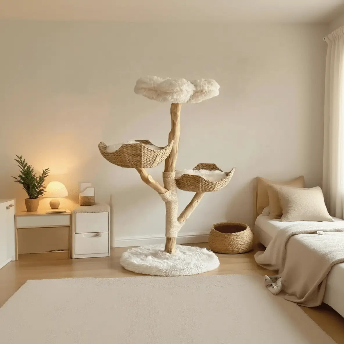 A close-up of a tabby and white cat lying on its back, being cradled in a person's hands against a textured orange blanket. The cat has wide, dark eyes and a white belly, with its front paws curled up towards its face. One white paw features a distinct brown spot.