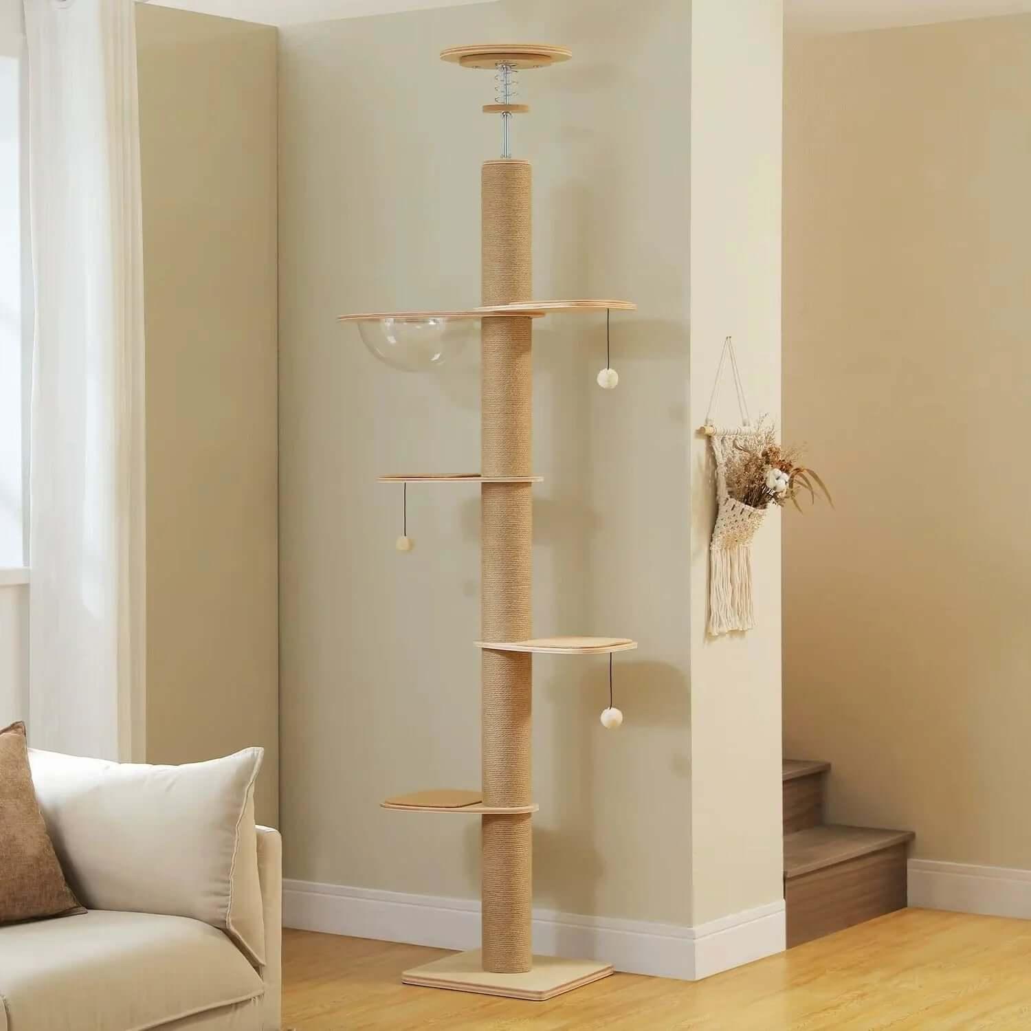 Nordic Spire Floor to Ceiling Wood, side view of slim adjustable height, a floor-to-ceiling cat tree.