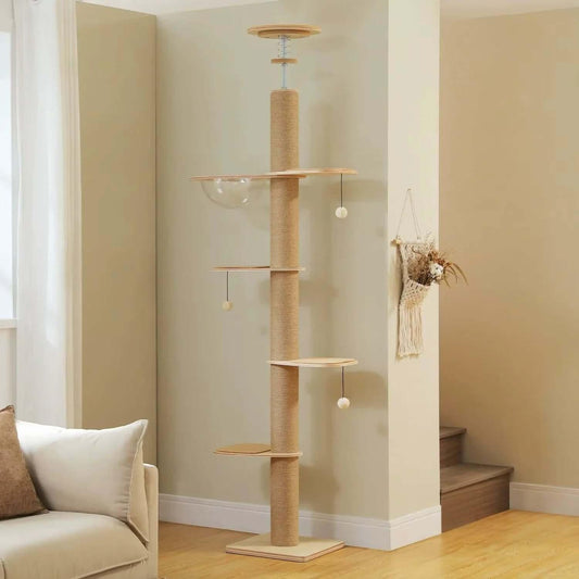 Nordic Spire Floor to Ceiling Wood, side view of slim adjustable height, a floor-to-ceiling cat tree.