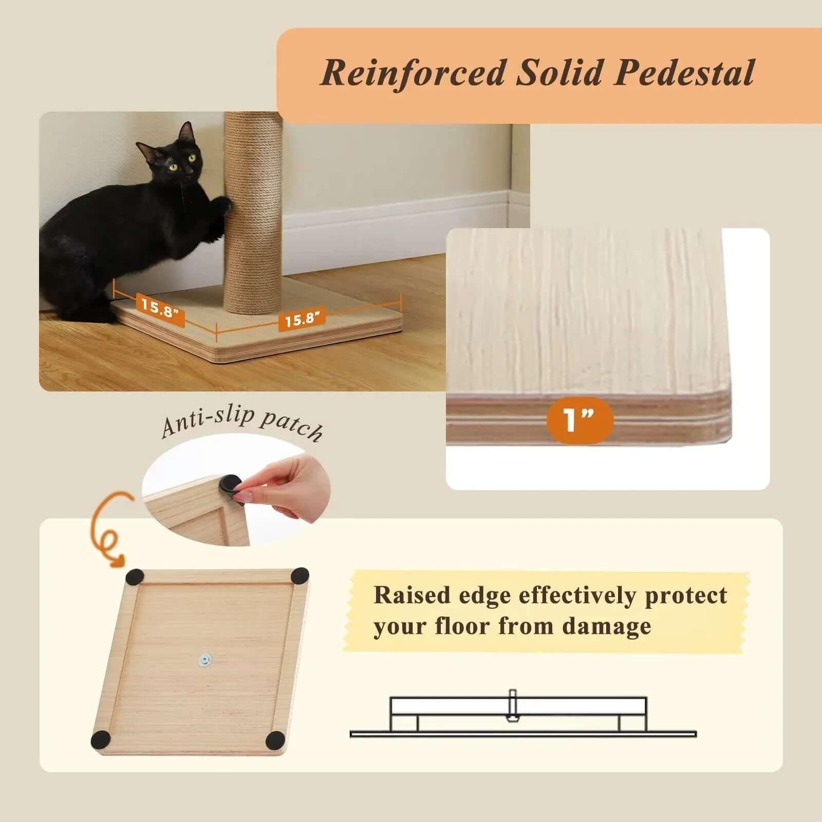 Nordic Spire floor-to-ceiling cat tree reinforced base — anti-slip pads, heavy-duty no-drill cat tower