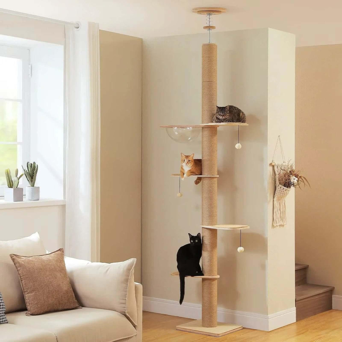 Nordic Spire floor-to-ceiling cat tree with acrylic bowl — modern no-drill tension rod cat tower