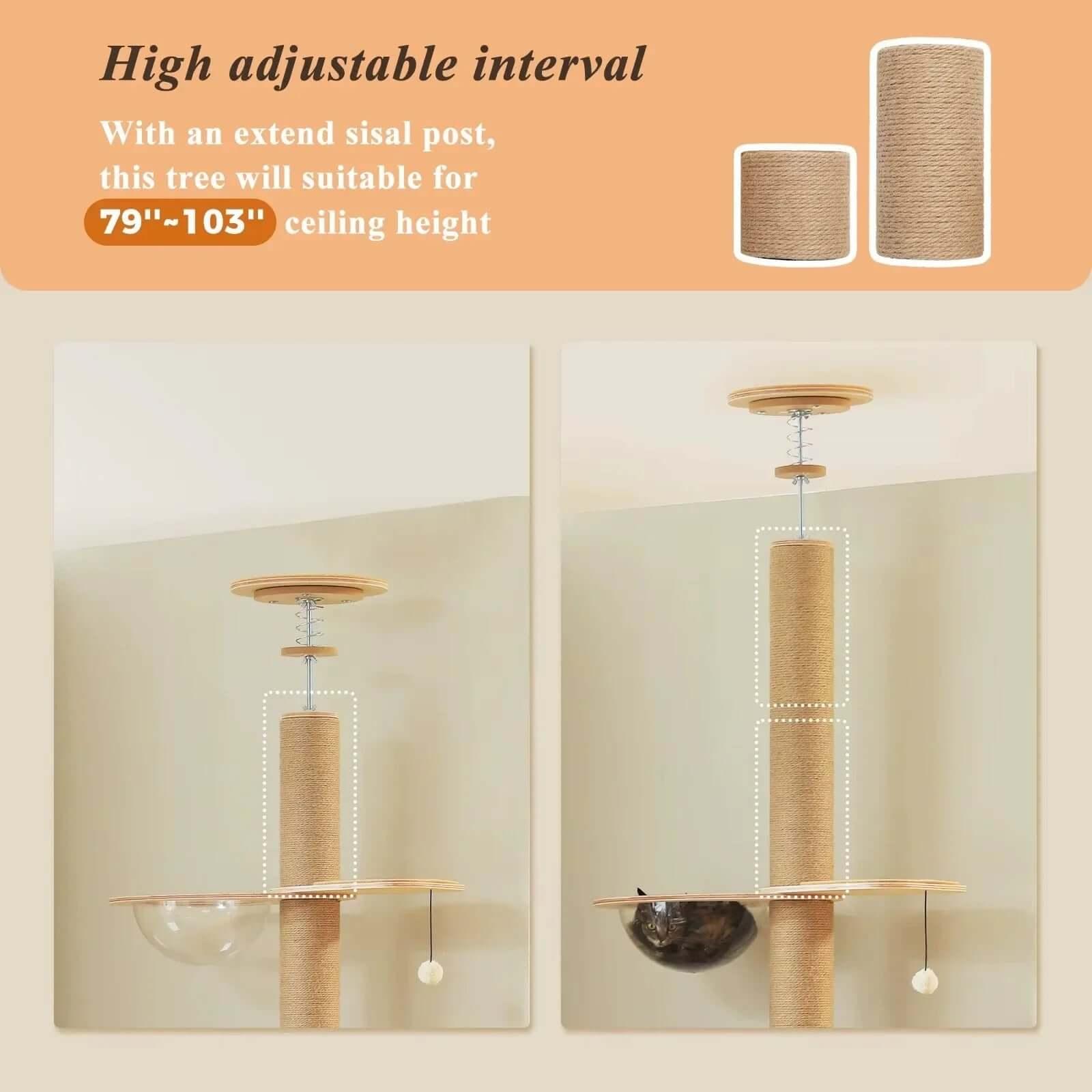 Nordic Spire adjustable floor-to-ceiling sisal cat tree — tension rod height adjustment, no-drill cat pole