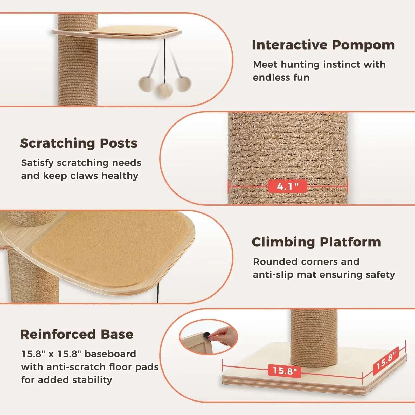 Nordic Spire floor-to-ceiling wooden cat tree detail — sleek Scandi no-drill tension rod cat tower