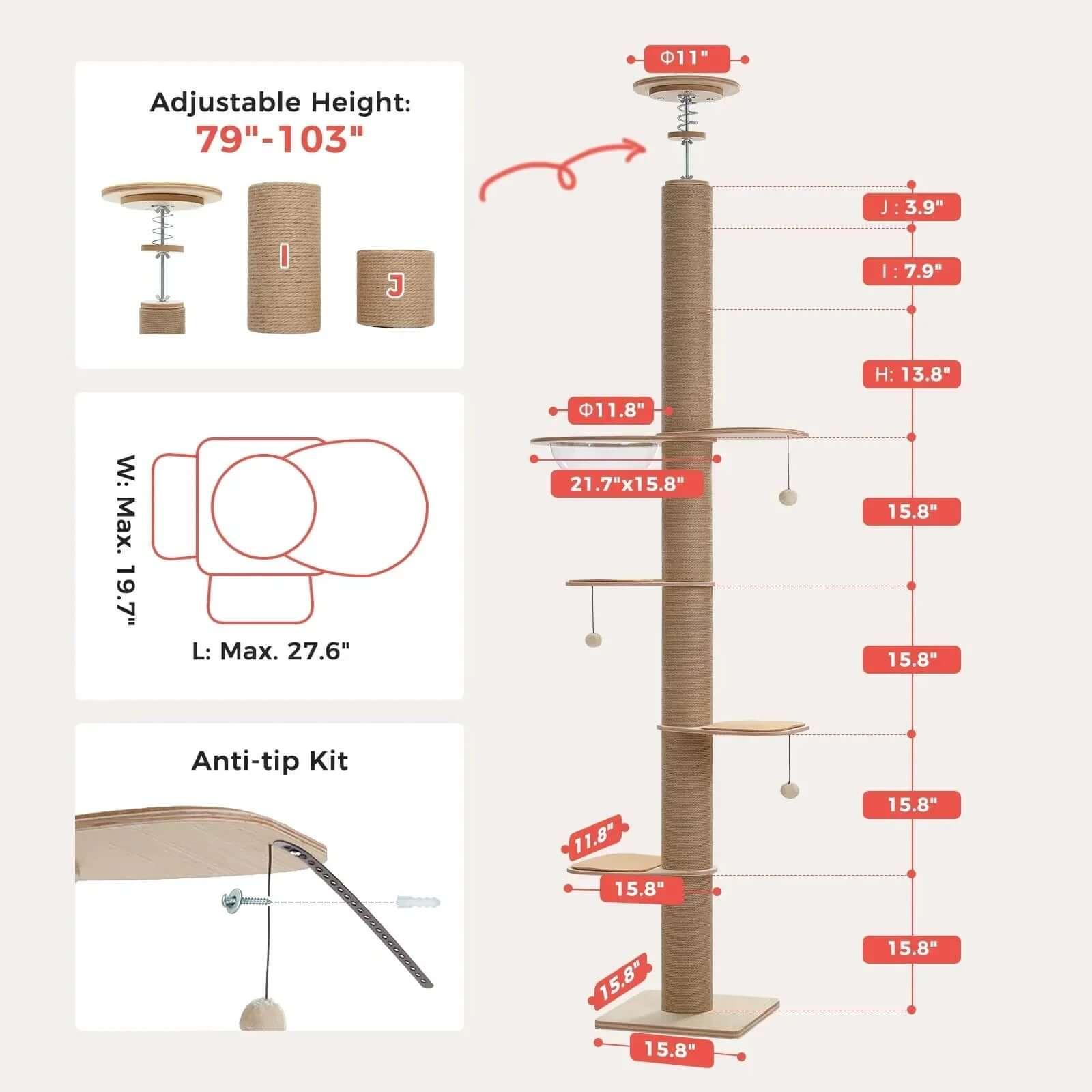 Nordic Spire floor-to-ceiling cat tree anti-tip kit — safe tall cat tower installation, no-drill design