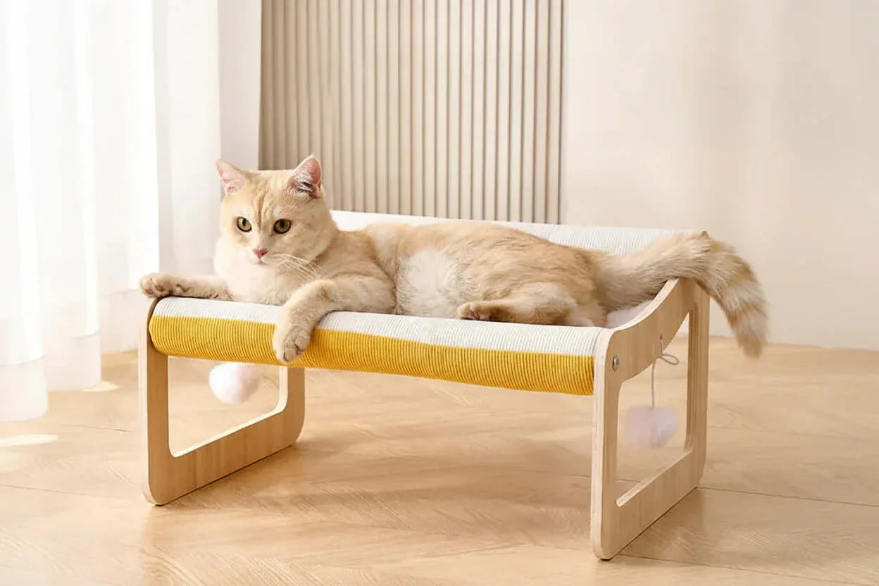 NordicCurve elevated sisal cat lounge — suspended toy ball, wooden cat scratcher and perch combo