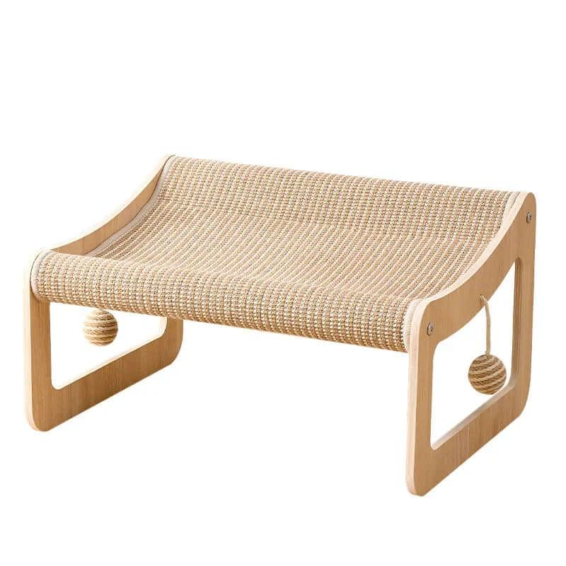 NordicCurve woven sisal cat scratcher lounge front view — curved natural wood, stylish cat scratching pad