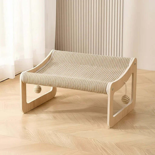 NordicCurve wooden cat scratcher lounge with ball toy — elevated sisal platform, interactive cat furniture