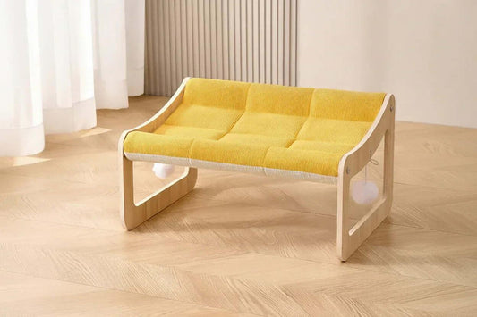 NordicCurve elevated sisal cat scratcher lounge in Yellow Sisal — curved wood frame, cat lounge perch