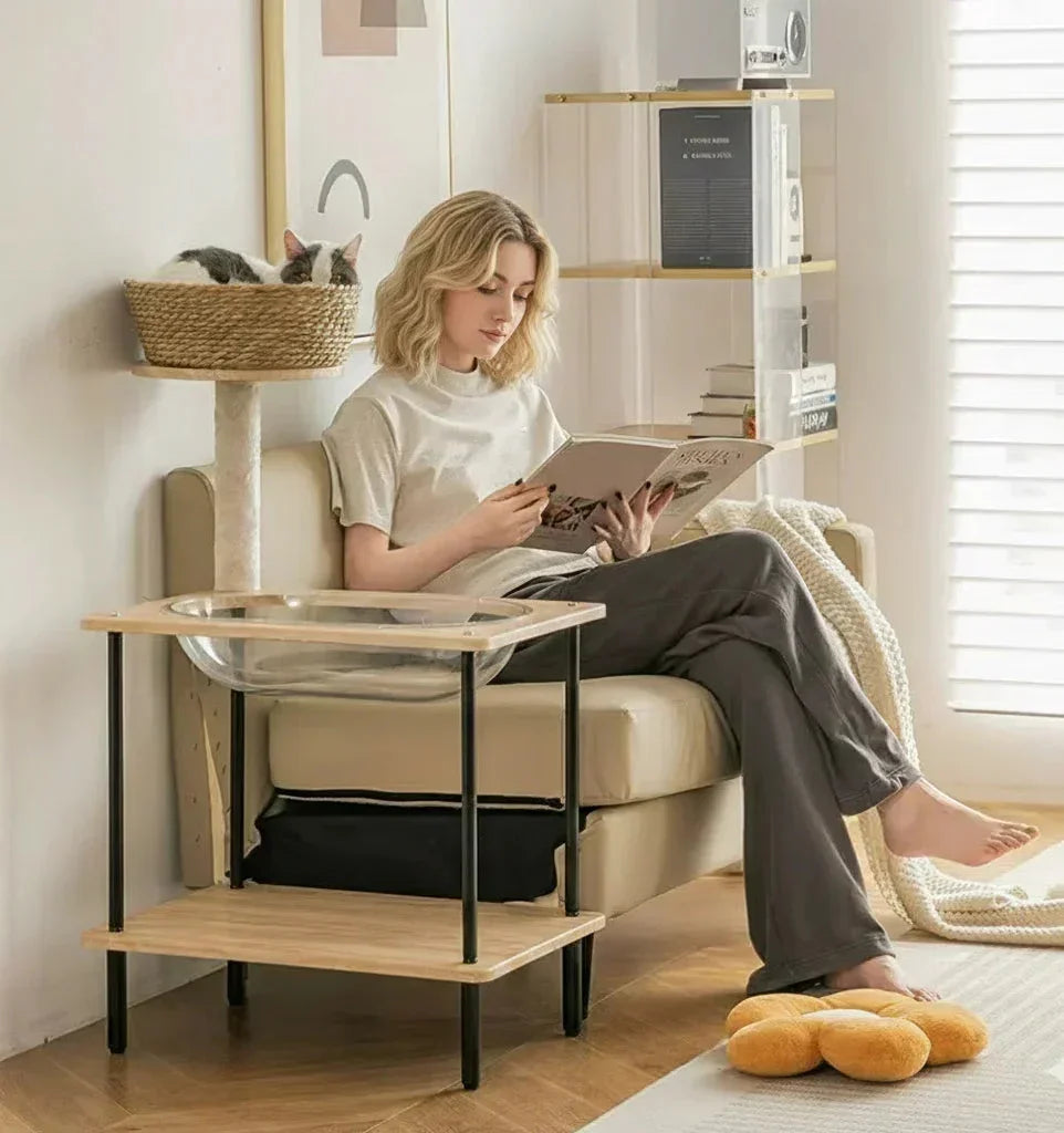 Scandi Perch Sofa Side Table with acrylic bowl, lifestyle side view of woven basket, multi-functional modern cat furniture.