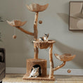 Load image into Gallery viewer, Sequoia Lodge Tree Cat Tower in natural bark-like texture, side view of basket platforms, a natural wood cat tower with cozy spots.
