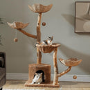 Sequoia Lodge Tree Cat Tower in natural bark-like texture, side view of basket platforms, a natural wood cat tower with cozy spots.
