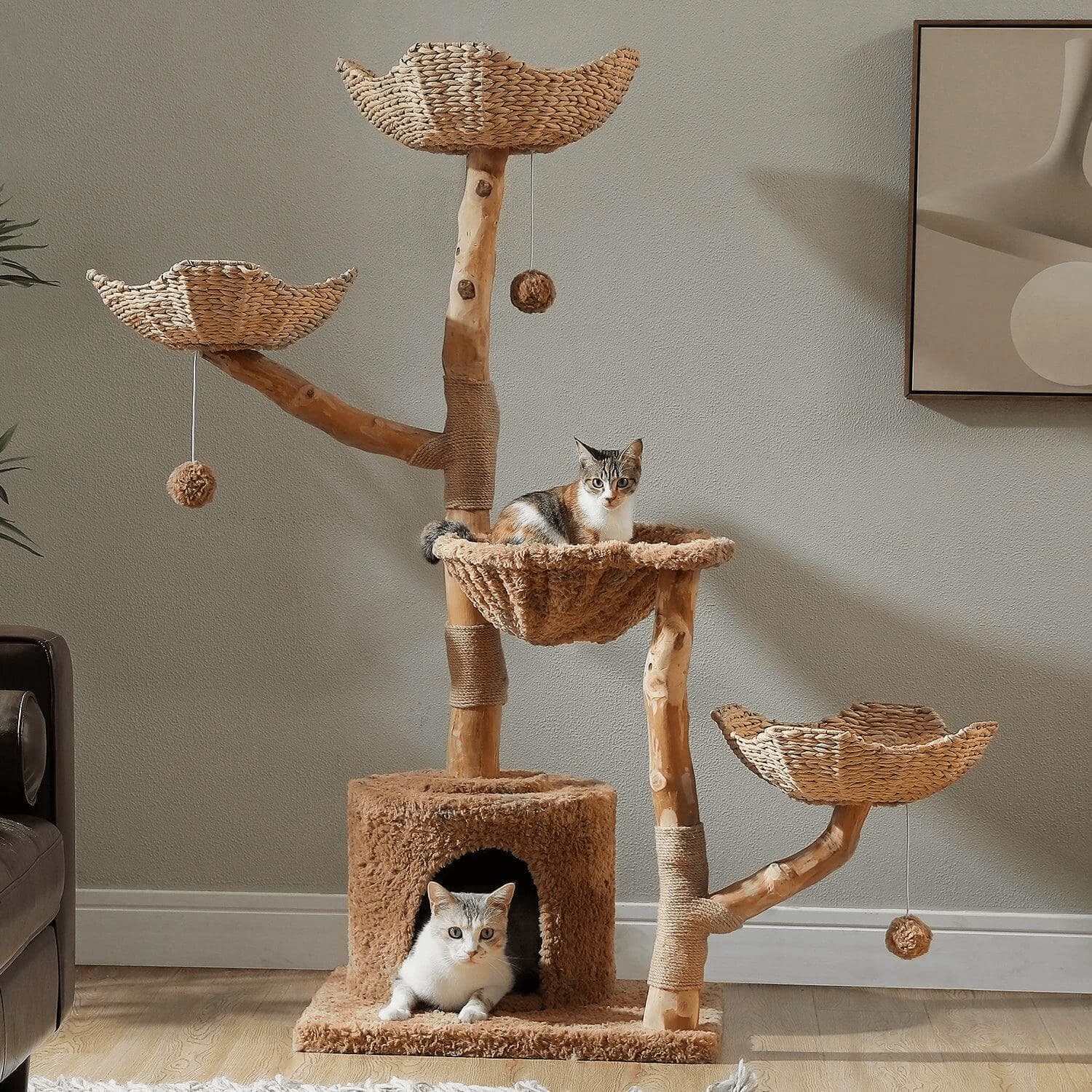 Sequoia Lodge Tree Cat Tower in natural bark-like texture, side view of basket platforms, a natural wood cat tower with cozy spots.
