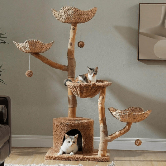 Sequoia Lodge Tree Cat Tower in natural bark-like texture, side view of basket platforms, a natural wood cat tower with cozy spots.