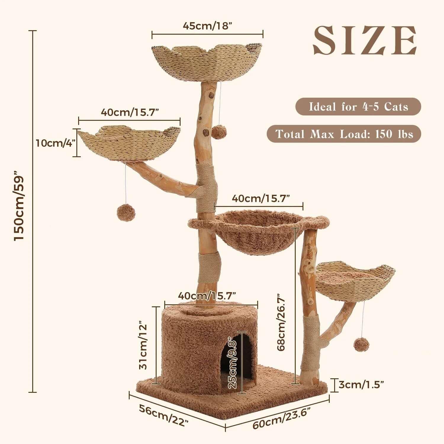 Sequoia Lodge Tree Cat Tower in natural bark-like texture, product shot angled top view of multiple basket platforms, a cat condo for multiple cats.