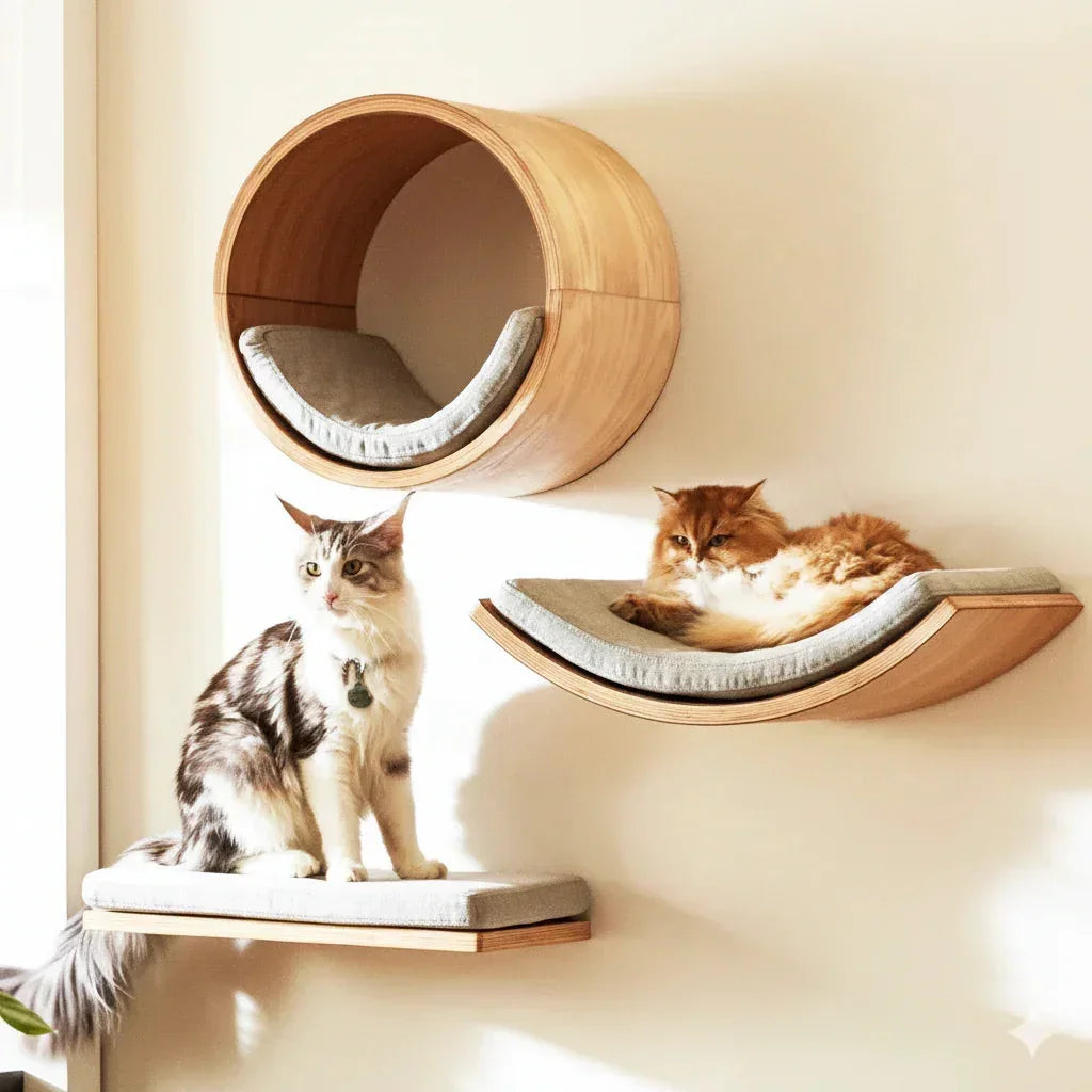 Skywalk modular cat wall furniture — Plush Halo Perch, wall-mounted cat shelf with cushioned seat