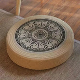 Tatami Zen Pouf Black Ink Lotus woven cat bed — central mandala pattern, natural straw cooling cat mat
