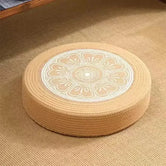 Tatami Zen Pouf woven straw cat bed — Bohemian Mosaic floral embroidery, breathable cooling cat mat