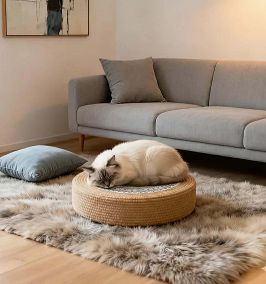 Tatami Zen Pouf in woven straw, top view of the circular design, perfect for Japandi and Zen interiors.