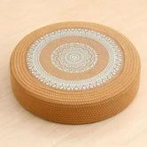 Warm Earth Swirl woven straw cat bed — mandala embroidery detail, cooling Japandi cat mat