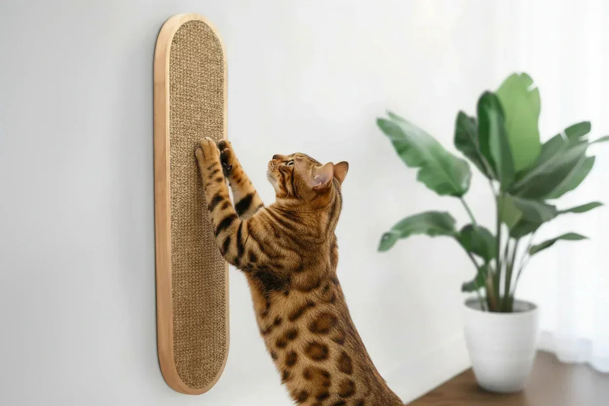 Vertical Vista Wall-Mount Scratcher in wood and sisal, side view of sleek minimalist design, a minimalist cat wall alternative.