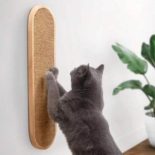 Vertical Vista Wall-Mount Scratcher in wood and sisal, front view of rounded edges design, a modern cat scratching post for walls.