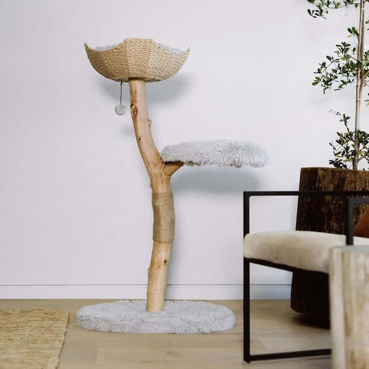Willow Branch Minimalist Cat Perch in real wood, side view of curved trunk and plush top, minimalist cat furniture sculpture.