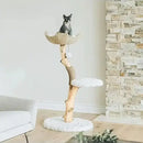 Willow Branch cotton white Minimalist Cat Perch in real wood, side view of curved trunk and plush top, minimalist cat furniture sculpture.