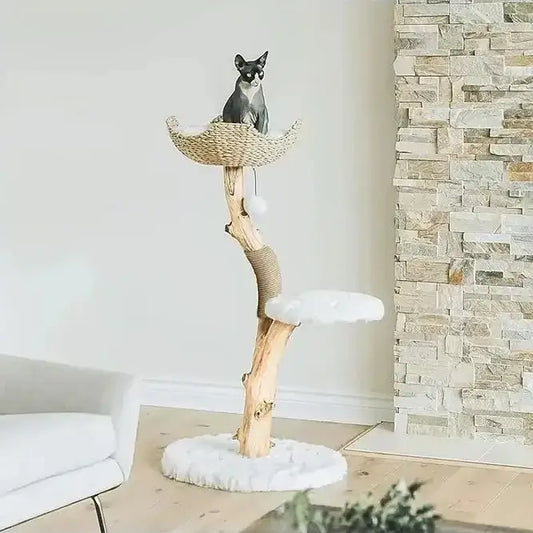 Willow Branch cotton white Minimalist Cat Perch in real wood, side view of curved trunk and plush top, minimalist cat furniture sculpture.