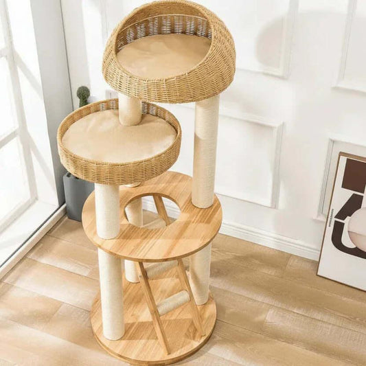 Woven Sanctuary Cat Condo in natural wood and rattan, angled top view of boho-chic design, a boho cat tree.