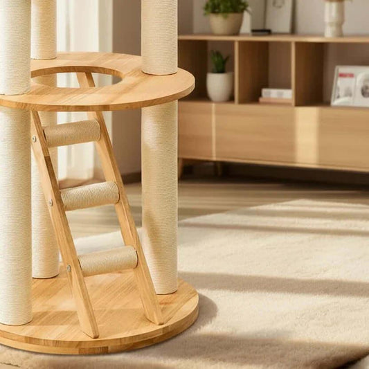 Woven Sanctuary Cat Condo in natural wood and rattan, side view of integrated ladder, a cat climbing tree for active pets.