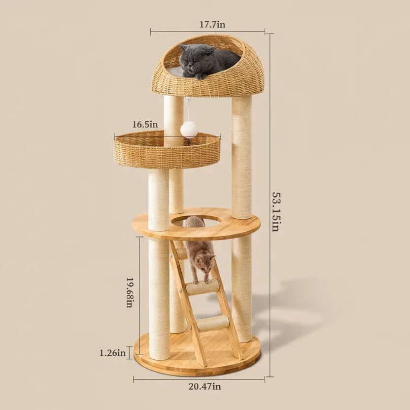 Woven Sanctuary Cat Condo in natural wood and rattan, product shot precise measurement of playful hanging toy on a compact cat condo.