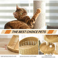 Load image into Gallery viewer, Woven Sanctuary Cat Condo in natural wood and rattan, front detail view of cozy lower condo, a cat cave bed.
