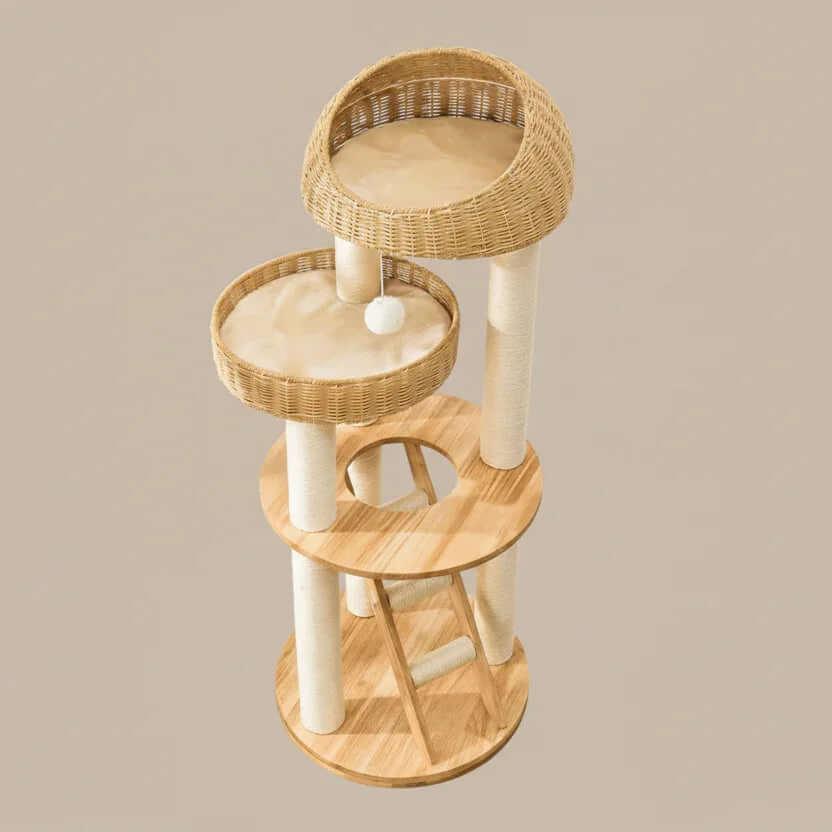 Woven Sanctuary Cat Condo in natural wood and rattan, product shot overhead perspective of tiered platform, a multi-level cat tree.