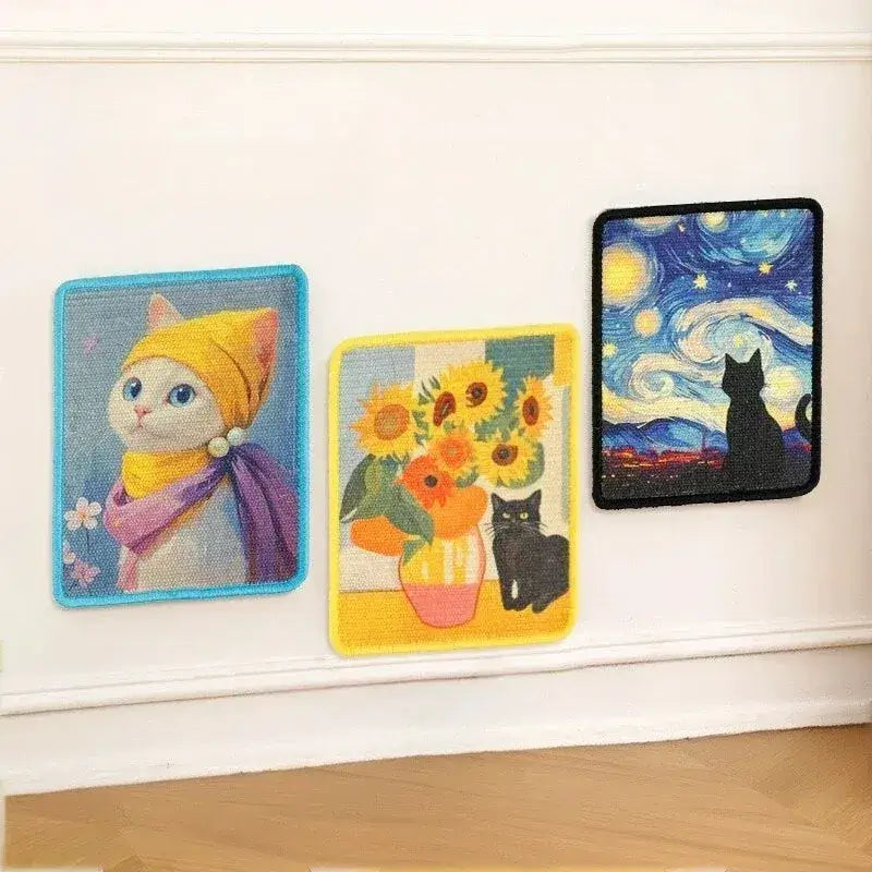 Three The Gallery wall art cat scratchers in Pearl Muse, Golden Sunflower and Midnight Swirl on a white wall