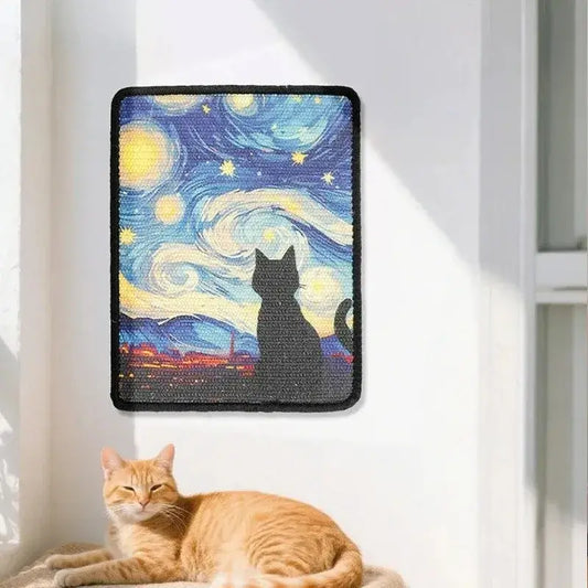 Midnight Swirl starry night cat wall scratcher mounted on a white wall above a sleeping orange cat